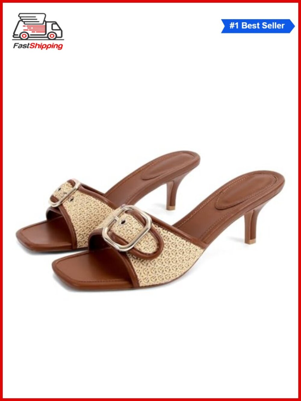 ✨ Kitten Heel Sandals Square Open Toe Slip On Mule Vegan Leather Women Dress
